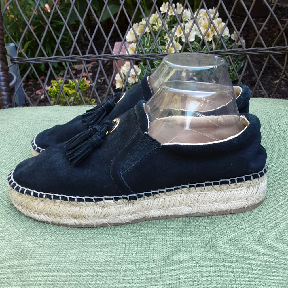 J/Slides NYC Black Suede Espadrille Slip-on Shoe with TasselDetail.